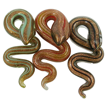 Handmade Gold Sand Lampwork Pendants, Snake, Mixed Color, about 20mm wide, 49mm long, hole: 5mm