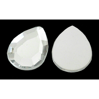 Acrylic Rhinestone Flat Back Cabochons, Faceted, teardrop, White, about 18mm wide, 25mm long, 4mm thick