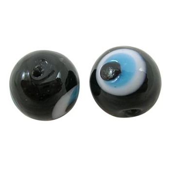 Handmade Lampwork Beads, Evil Eye, Round, Black, about 10mm in diameter, hole: 1mm