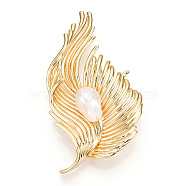 Natural Baroque Pearl Brooches for Women, Brass Feather Pins, Real 14K Gold Plated, 42x75x15~17mm(JEWB-N001-10G)