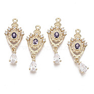 Brass Micro Pave Cubic Zirconia Links, with Glass, Long-Lasting Plated, Teardrop, Light Gold, Violet, 28x11.5x3mm, Hole: 1.2mm(X-KK-R111-041-A02)