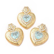 Rack Plating Brass & Rhinestone Pendants, with Crushed Ice Cut Cubic Zirconia, Heart Charm, Real 14K Gold Plated, Cadmium Free & Lead Free, Pale Turquoise, 30x24x9mm, Hole: 9x3mm(KK-H438-07G-02)