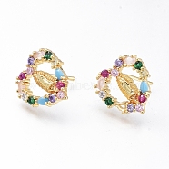 Brass Micro Pave Cubic Zirconia Ear Studs, Long-Lasting Plated, Heart with Virgin Mary, Golden, Colorful, 15x13mm, Pin: 0.8mm(EJEW-G279-02G-01)