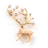 Deer Alloy Brooch with Resin Pearl, Exquisite Rhinestone Animal Lapel Pin for Girl Women, Golden, PeachPuff, 55.5x44x12.5mm, Pin: 0.8mm, Hole: 7x3.7mm(JEWB-O009-06)