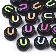 Opaque Black Acrylic Beads, Horizontal Hole, Flat Round with Mixed Color Letter, Letter.U, 7x4mm, Hole: 1.6mm, about 2088pcs/290g(MACR-N008-17U)