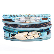 PU Leather Multi-strand Bracelets, with Wax Polyester Cords, Alloy Magnetic Clasp and Rhinestone, Feather, Golden, Sky Blue, 7-1/2 inch(19cm), 40mm(BJEW-F352-02G-03)