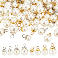 80Pcs 8 Style ABS Plastic Imitation Pearl Pendants, with Iron Findings, Round Charm, Platinum & Golden, 18.5~25x10~15mm, Hole: 3.5~4.3mm, 10pcs/style(FIND-AR0004-15)