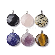 Natural Mixed Stone Pendants, Flat Round Charms with Stainless Steel Color Plated Stainless Steel Snap on Bails, 28.5~29x25~25.5x7.5~8mm, Hole: 5.5x3mm(G-C110-01P)