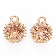 Brass Micro Pave Cubic Zirconia Charms, Nickel Free, Real 18K Gold Plated, Faceted Flat Round, Peru, 9x7x4mm, Hole: 1.2mm(KK-S356-772J)