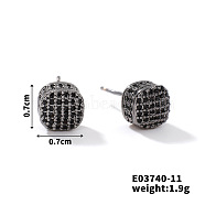 Chic Brass Cubic Zirconia Stud Earrings, Fashionable and Versatile Accessories, Flat Round, Black, 7x7mm(ZD1304-3)