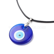 Blue Lampwork Evil Eye Pendant Necklace with Waxed Cord for Women, Round Pattern, Pendant: 37x30x5mm, 17.64~17.72 inch(44.8~45cm)(NJEW-JN03955-04)