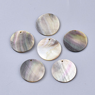 Black Lip Shell Pendants, Flat Round, Light Grey, 20x1~2mm, Hole: 1.2mm(SSHEL-S251-36C)