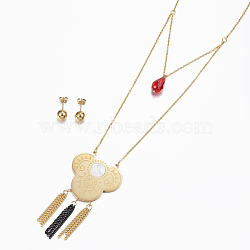 (Jewelry Parties Factory Sale), 304 Stainless Steel Jewelry Sets, Tassel Pendant Necklaces and Ball Stud Earrings, with Glass Beads and Shell, Golden, 18.5 inch(47cm), 20x8mm, Pin: 0.8mm(SJEW-H115-07G)