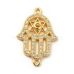 Eco-Friendly Rack Plating Brass Micro Pave Clear Cubic Zirconia Connector Charms, Lead Free & Cadmium Free, Long-Lasting Plated, Religion Hamsa Hand Links, Real 18K Gold Plated, 24x16x3mm, Hole: 1.2~1.4mm(KK-F847-05G)