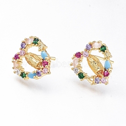 Brass Micro Pave Cubic Zirconia Ear Studs, Long-Lasting Plated, Heart with Virgin Mary, Golden, Colorful, 15x13mm, Pin: 0.8mm(EJEW-G279-02G-01)
