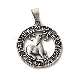 304 Stainless Steel Pendants, Flat Round with Twelve Constellations Charms, Antique Silver, Aries, 28x25x2mm, Hole: 7x5mm(STAS-C084-01C-AS)