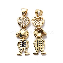 Brass Cubic Zirconia Pendants, Boy & Heart Charm, Real 18K Gold Plated, 26.5x10.5x3.5mm, Hole: 3.5x4.5mm(KK-G446-19G)
