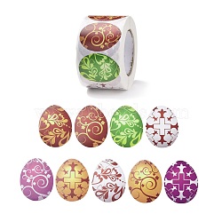 9 Patterns Easter Theme Self Adhesive Paper Sticker Rolls, Egg-Shaped Sticker Labels, Gift Tag Stickers, Floral & Cross, Mixed Patterns, 38x30x0.1mm, 500pcs/roll(DIY-C060-02C)