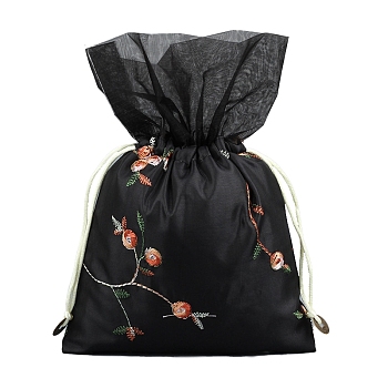 Silk Embroidery Flower Pouches, Drawstring Bag, Rectangle, Black, 25x16cm
