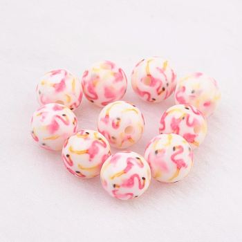 Spray Painted Resin Beads, with Pattern, Round, Pink, 10mm, Hole: 2mm