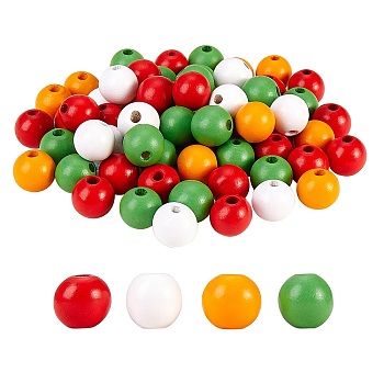 200Pcs 4 Colors Painted Natural Wood Beads, Round, Mixed Color, 16mm, Hole: 4mm, 50pcs/color