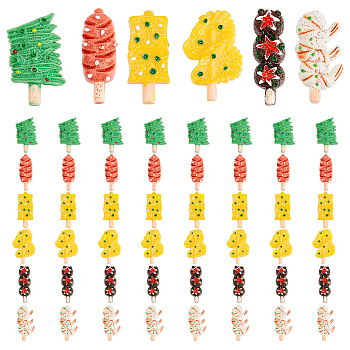 AHADERMAKER 48Pcs 6 Styles Opaque Resin Cabochons, with Glitter Powder, Imitation Food, Dried Tofu & Leek & Hot Dog & Chinese Cabbage & Mushroom & Prawm, Mixed Color, 33~34x11~22x7~8.5mm, 8pcs/style