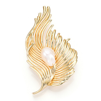 Natural Baroque Pearl Brooches for Women, Brass Feather Pins, Real 14K Gold Plated, 42x75x15~17mm