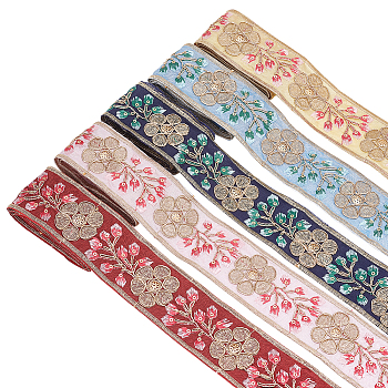 5 Yards 5 Colors Polyester Embroidery Flower Ribbon, with Paillette, for Cheongsam, Han Chinese Clothing, Mixed Color, 1-3/4~2 inch(45~50mm), 1 yard/color