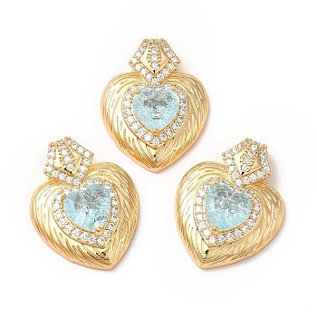 Rack Plating Brass & Rhinestone Pendants, with Crushed Ice Cut Cubic Zirconia, Heart Charm, Real 14K Gold Plated, Cadmium Free & Lead Free, Pale Turquoise, 30x24x9mm, Hole: 9x3mm