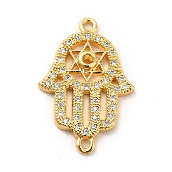 Eco-Friendly Rack Plating Brass Micro Pave Clear Cubic Zirconia Connector Charms, Lead Free & Cadmium Free, Long-Lasting Plated, Religion Hamsa Hand Links, Real 18K Gold Plated, 24x16x3mm, Hole: 1.2~1.4mm