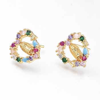 Brass Micro Pave Cubic Zirconia Ear Studs, Long-Lasting Plated, Heart with Virgin Mary, Golden, Colorful, 15x13mm, Pin: 0.8mm