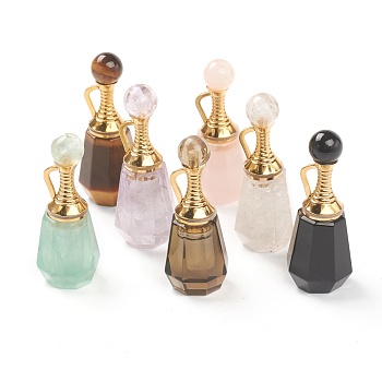 Faceted Natural Mixed Gemstone Pendants, Openable Perfume Bottle, with Golden Tone Brass Findings, 41~43x16~17x15~16mm, Hole: 10mm, capacity: 1ml(0.03 fl. oz)