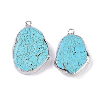 Synthetic Turquoise Pendants, with Brass Findings, Nuggets Charms, Platinum, 31~36x22~24.5x6~7mm, Hole: 3mm