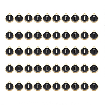 Golden Plated Alloy Charms, with Enamel, Enamelled Sequins, Flat Round, Black, Letter.I, 14x12x2mm, Hole: 1.5mm, 50pcs/Box