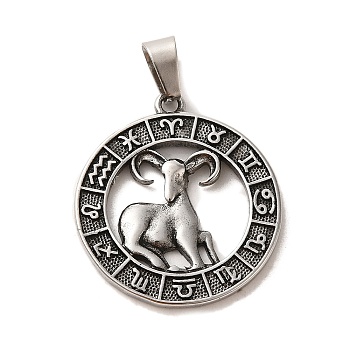 304 Stainless Steel Pendants, Flat Round with Twelve Constellations Charms, Antique Silver, Aries, 28x25x2mm, Hole: 7x5mm
