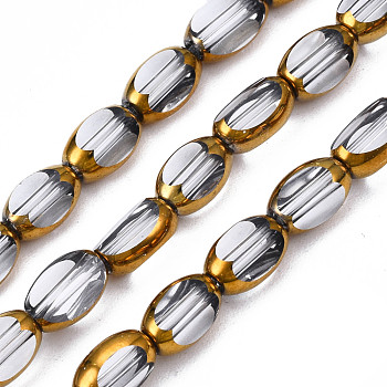 Electroplate Glass Beads Strands, Edge Plated, Oval, Clear, 7x4.5x4mm, Hole: 0.8mm, about 50pcs/strand, 13.07~13.15 inch(33.2~33.4cm)