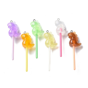 Luminous Transparent Resin Big Pendants, Glitter Lollipop Charms, Glow in Dark, with Platinum Tone Iron Loops, Mixed Color, Dinosaur, 68x22x14.5mm, Hole: 2mm