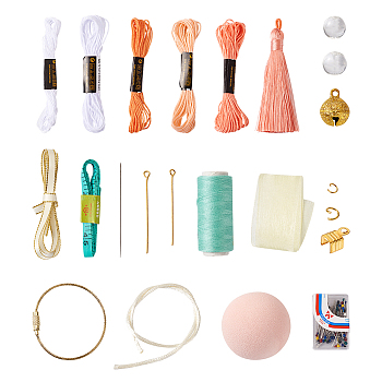 DIY Hand JuQiu & Bowknot Punch Needle Making Kits, Including Foam Balls, Needles, Cotton Thread, Bells, Tassels and Iron Rings, Coral, 45mm