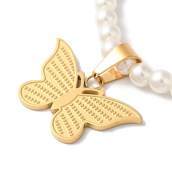 Butterfly Ion Plating(IP) 304 Stainless Steel Pendant Necklaces, Plastic Imitation Pearl Beaded Necklaces for Women, Golden, 18.50 inch(47cm)