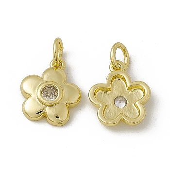 Rack Plating Brass Cubic Zirconia Charms, with Jump Ring, Real 18K Gold Plated, Long-Lasting Plated, Cadmium Free & Nickel Free & Lead Free, 5-Petal Flower Charm, Clear, 12x10.5x2.5mm, Jump Ring: 5x0.9mm, Inner Diameter: 3.2mm
