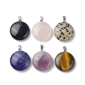 Natural Mixed Stone Pendants, Flat Round Charms with Stainless Steel Color Plated Stainless Steel Snap on Bails, 28.5~29x25~25.5x7.5~8mm, Hole: 5.5x3mm