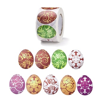 9 Patterns Easter Theme Self Adhesive Paper Sticker Rolls, Egg-Shaped Sticker Labels, Gift Tag Stickers, Floral & Cross, Mixed Patterns, 38x30x0.1mm, 500pcs/roll