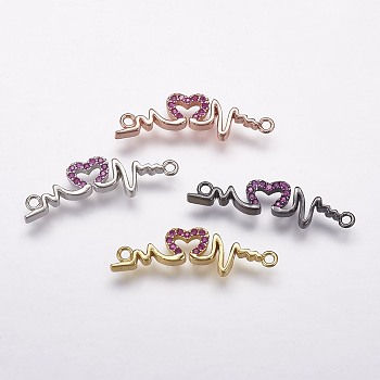 Brass Micro Pave Cubic Zirconia Links, Heartbeat, Mixed Color, 7x29.5x3mm, Hole: 1.5mm