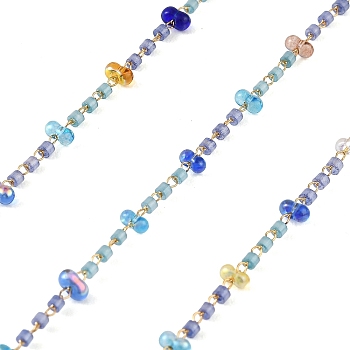 Handmade Brass Glass Beaded Chains, Peanut and Tube, Soldered, Golden, with Spool, Blue, 2x4x2.5mm and 1.3x1.7mm