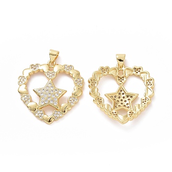 Brass Micro Pave Cubic Zirconia Pendants, Heart with Star Charms, Golden, Clear, 29x28x3.5~4mm, Hole: 3~3.5x4mm