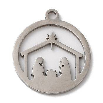 Christmas 201 Stainless Steel Pendants, Flat Round with Human Charm, Stainless Steel Color, 17x15x1mm, Hole: 1.5mm