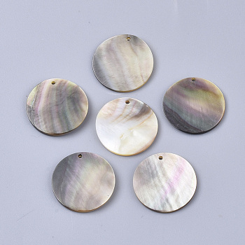 Black Lip Shell Pendants, Flat Round, Light Grey, 20x1~2mm, Hole: 1.2mm