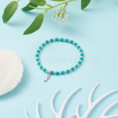 Natural Howlite Beaded Stretch Bracelet with 304 Stainless Steel Seahorse Charms(BJEW-JB08297-03)-2