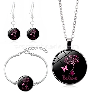 October Breast Cancer Pink Awareness Ribbon Glass Jewelry Set, Alloy Dangle Earrings & Link Bracelet & Pendant Necklace, Black, 450mm, 38x14mm, 160mm(PW-WG20424-05)