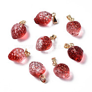 Two Tone Transparent Spray Painted Glass Pendants, with Golden Plated Iron Bails and Gold Foil, Strawberry, Brown, 17~18x11~12x10mm, Hole: 6x2mm(GLAA-N035-014-G04)